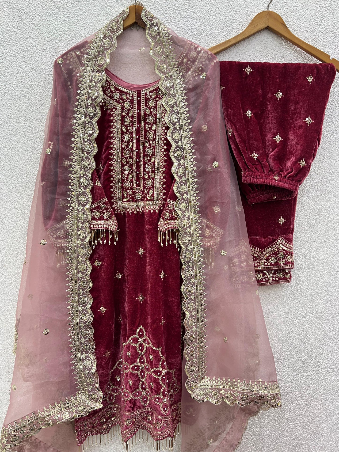 Beautiful Ready To Wear pink Coloured Pure Viscose Velvet With Embroidery Heavy Suit For Women