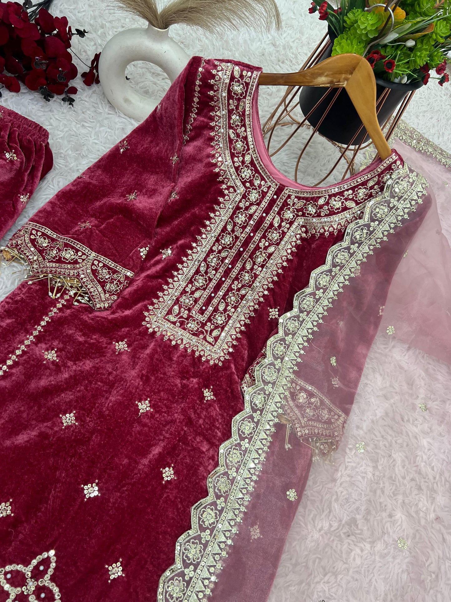 Beautiful Ready To Wear pink Coloured Pure Viscose Velvet With Embroidery Heavy Suit For Women