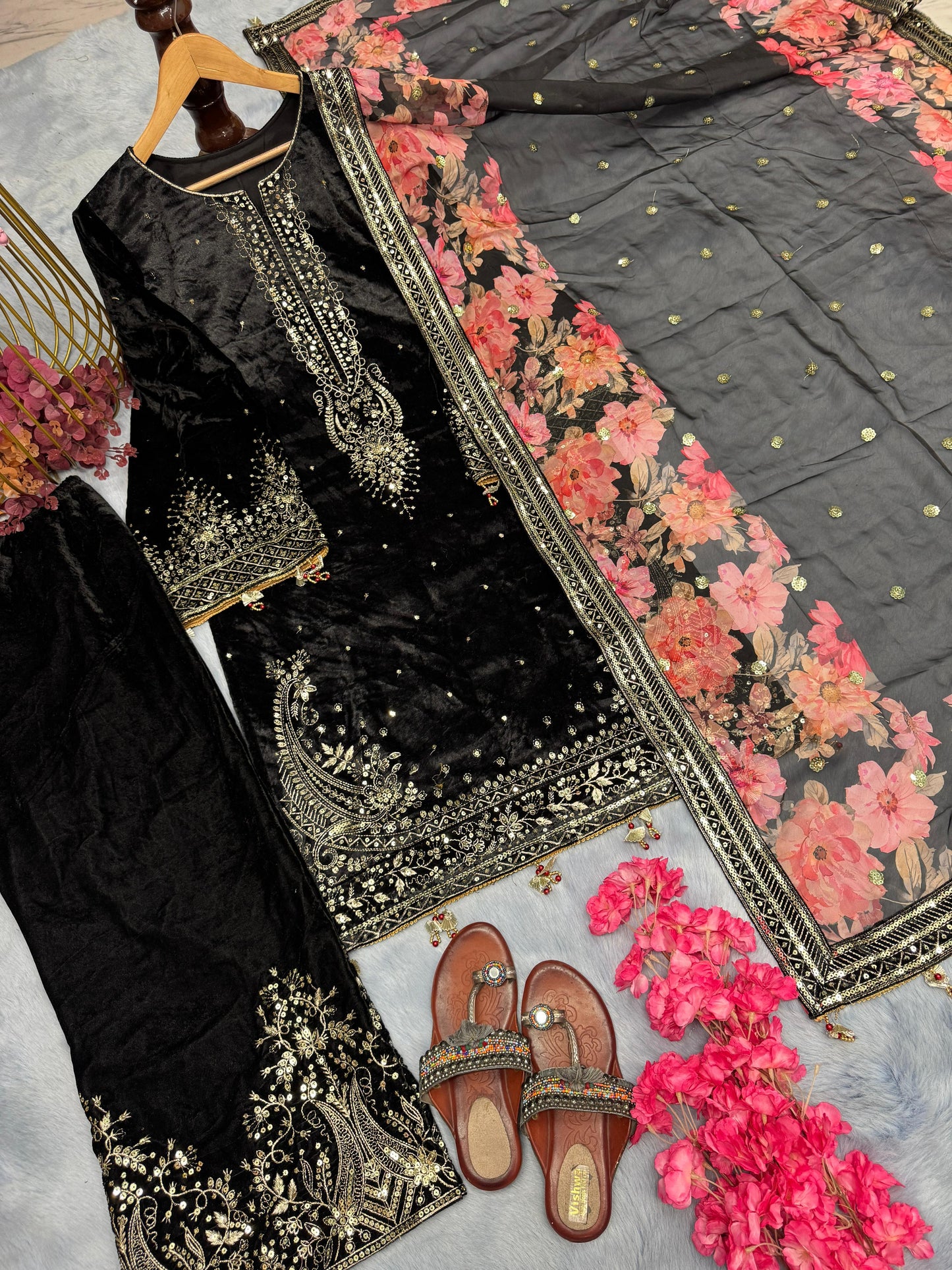 Pakistani winter velvet blue with golden embroidered salwar kameez made on custom order