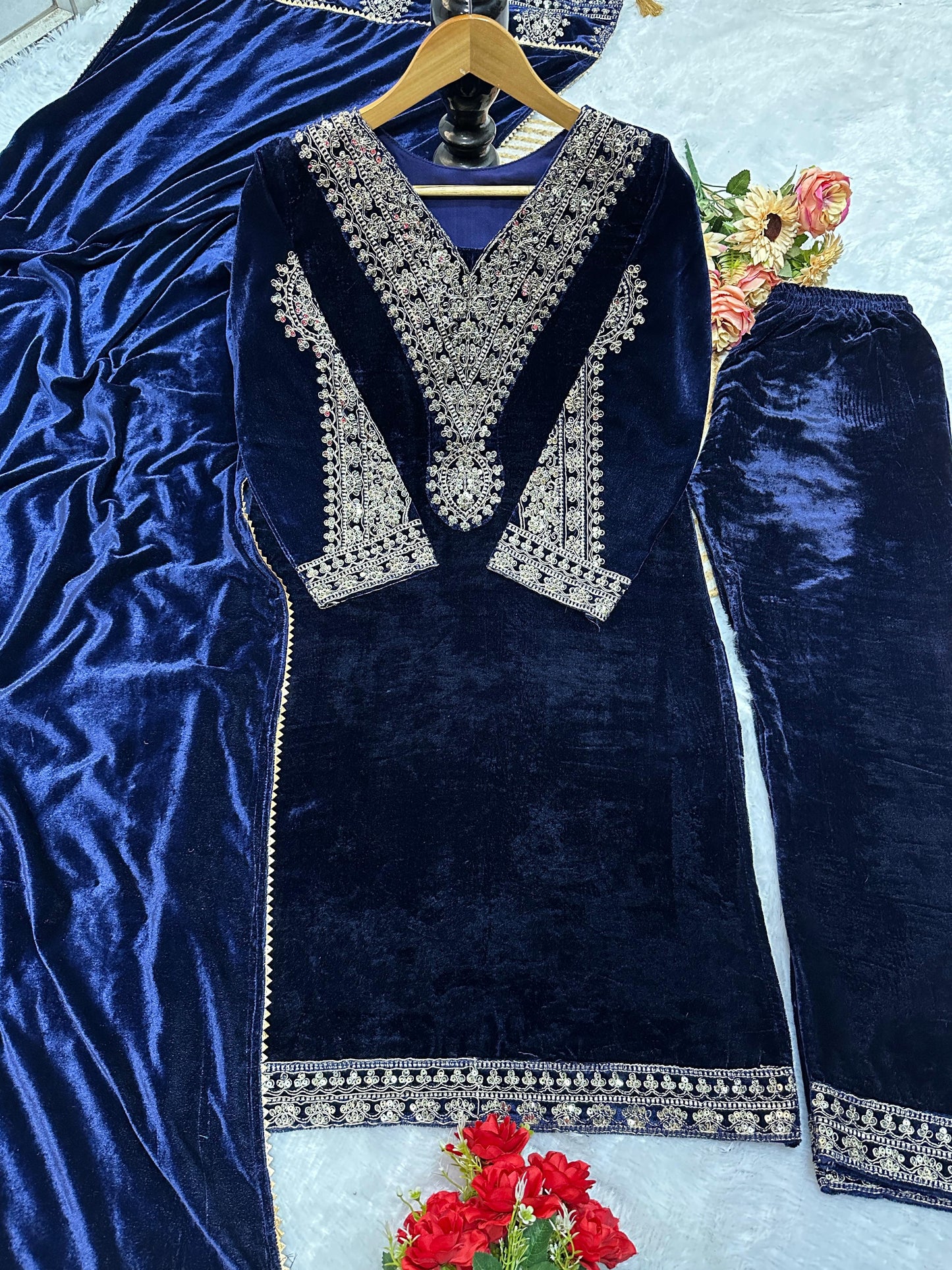 Velvet Winter Kurta Palazzo Dupatta set | Indian Ethnic Women Wear | Thick Festive Embroidered Kurti | Bollywood Formals