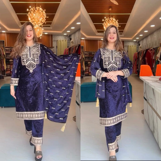 Dark Peacock Blue Velvet Winter Kurta Palazzo Dupatta set | Indian Ethnic Women Wear | Thick Festive Embroidered Kurti | Bollywood Formals