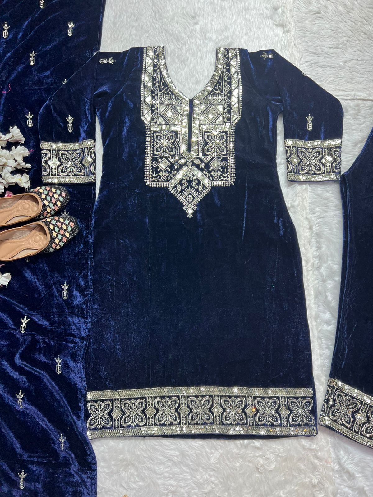 Dark Peacock Blue Velvet Winter Kurta Palazzo Dupatta set | Indian Ethnic Women Wear | Thick Festive Embroidered Kurti | Bollywood Formals