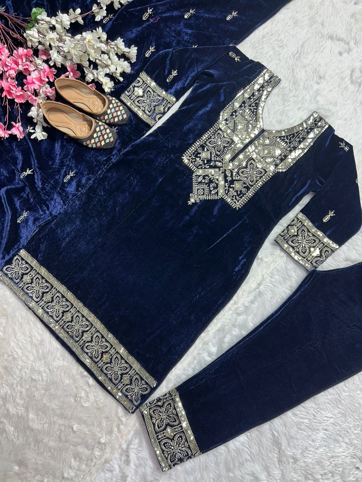 Dark Peacock Blue Velvet Winter Kurta Palazzo Dupatta set | Indian Ethnic Women Wear | Thick Festive Embroidered Kurti | Bollywood Formals