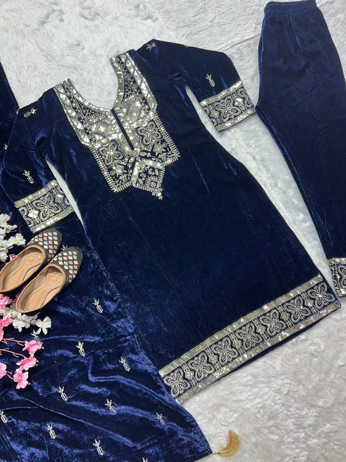 Dark Peacock Blue Velvet Winter Kurta Palazzo Dupatta set | Indian Ethnic Women Wear | Thick Festive Embroidered Kurti | Bollywood Formals