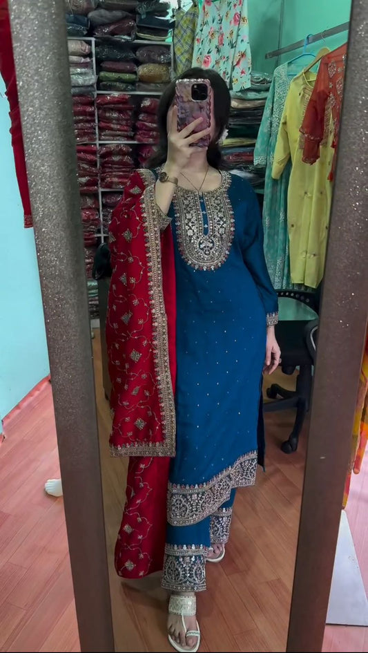 blue Partyware | Traditional Pakistani wedding dupatta salwar kameez | Eid outfit | Custom Stitched Indian Suits | Gift for her