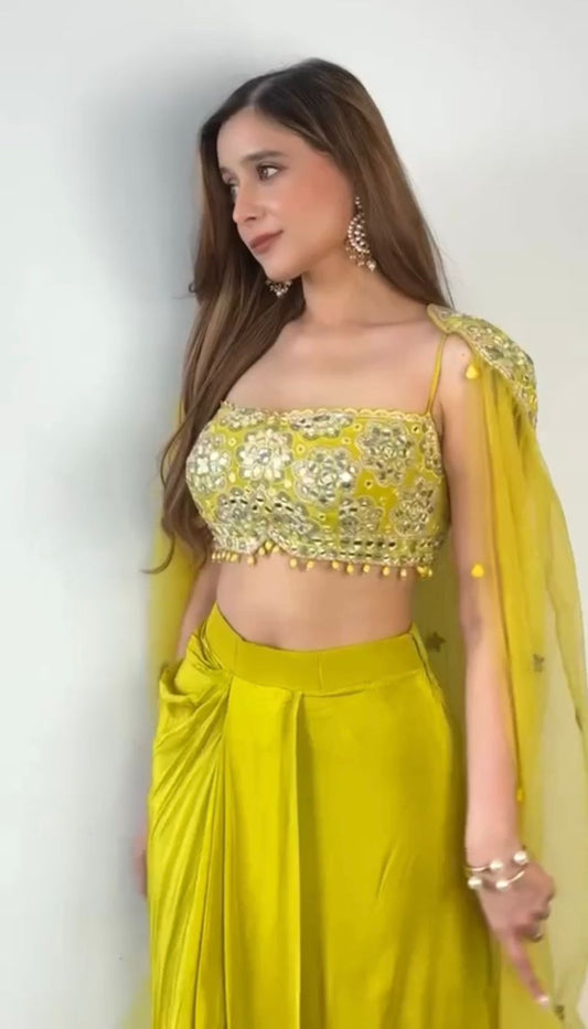 Indo Western dress Party wear Indian Yellow Dhoti Pant with Embroidered Crop Top and Floral SILK Shrug for Haldi and Wedding