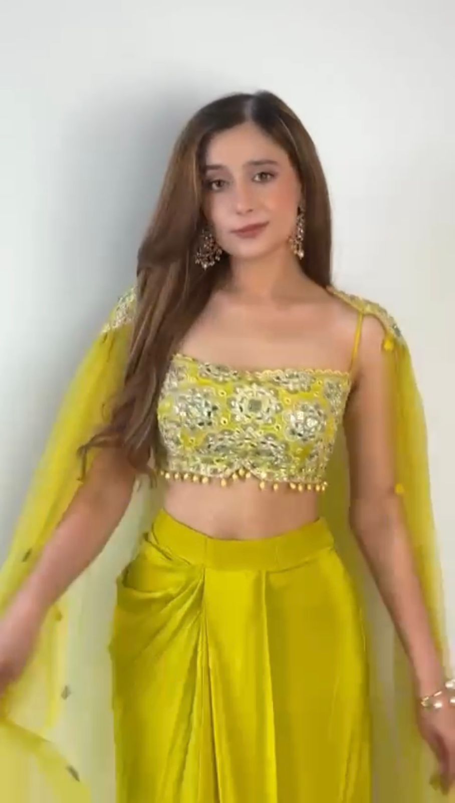 Indo Western dress Party wear Indian Yellow Dhoti Pant with Embroidered Crop Top and Floral SILK Shrug for Haldi and Wedding