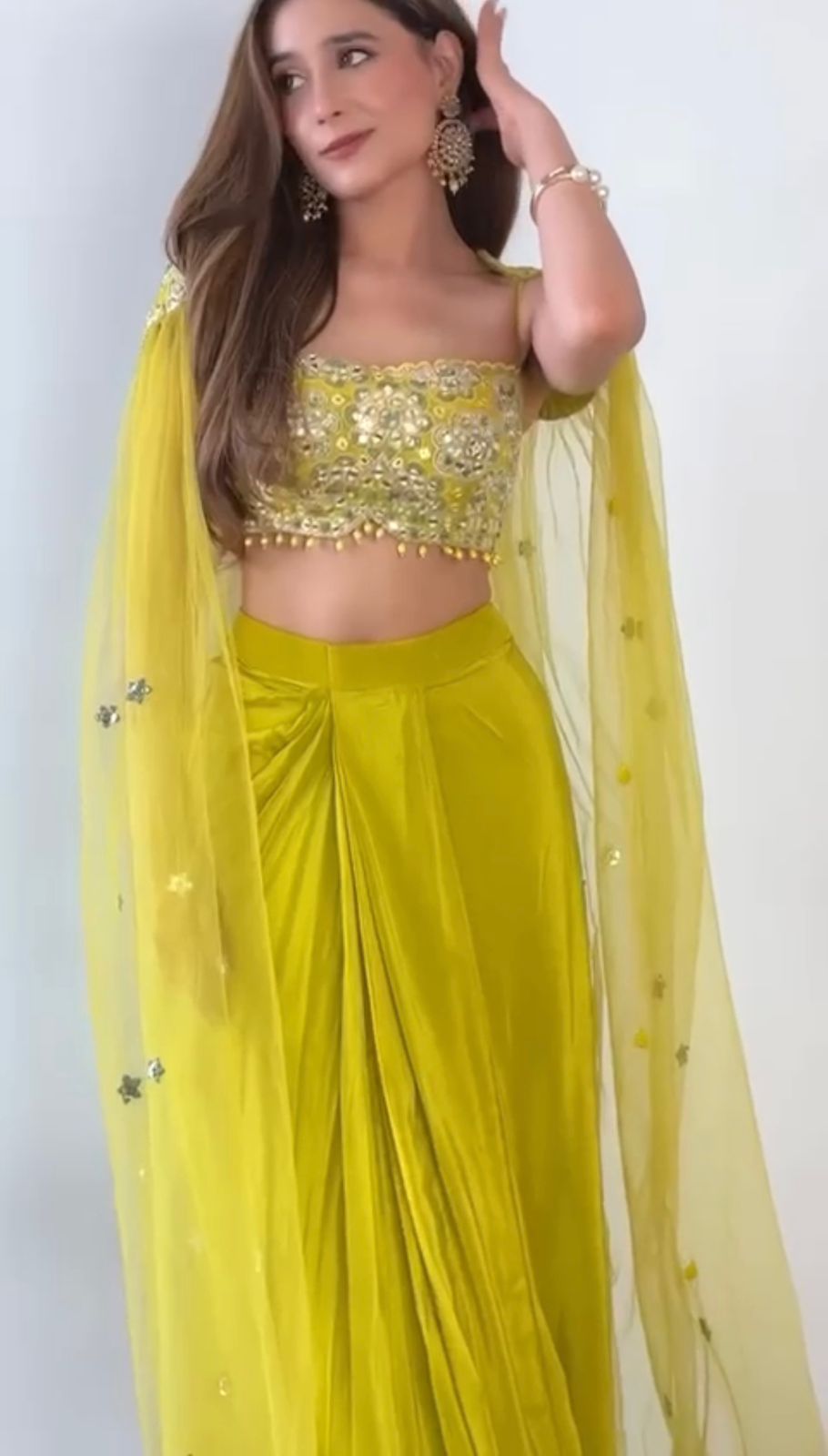 Indo Western dress Party wear Indian Yellow Dhoti Pant with Embroidered Crop Top and Floral SILK Shrug for Haldi and Wedding