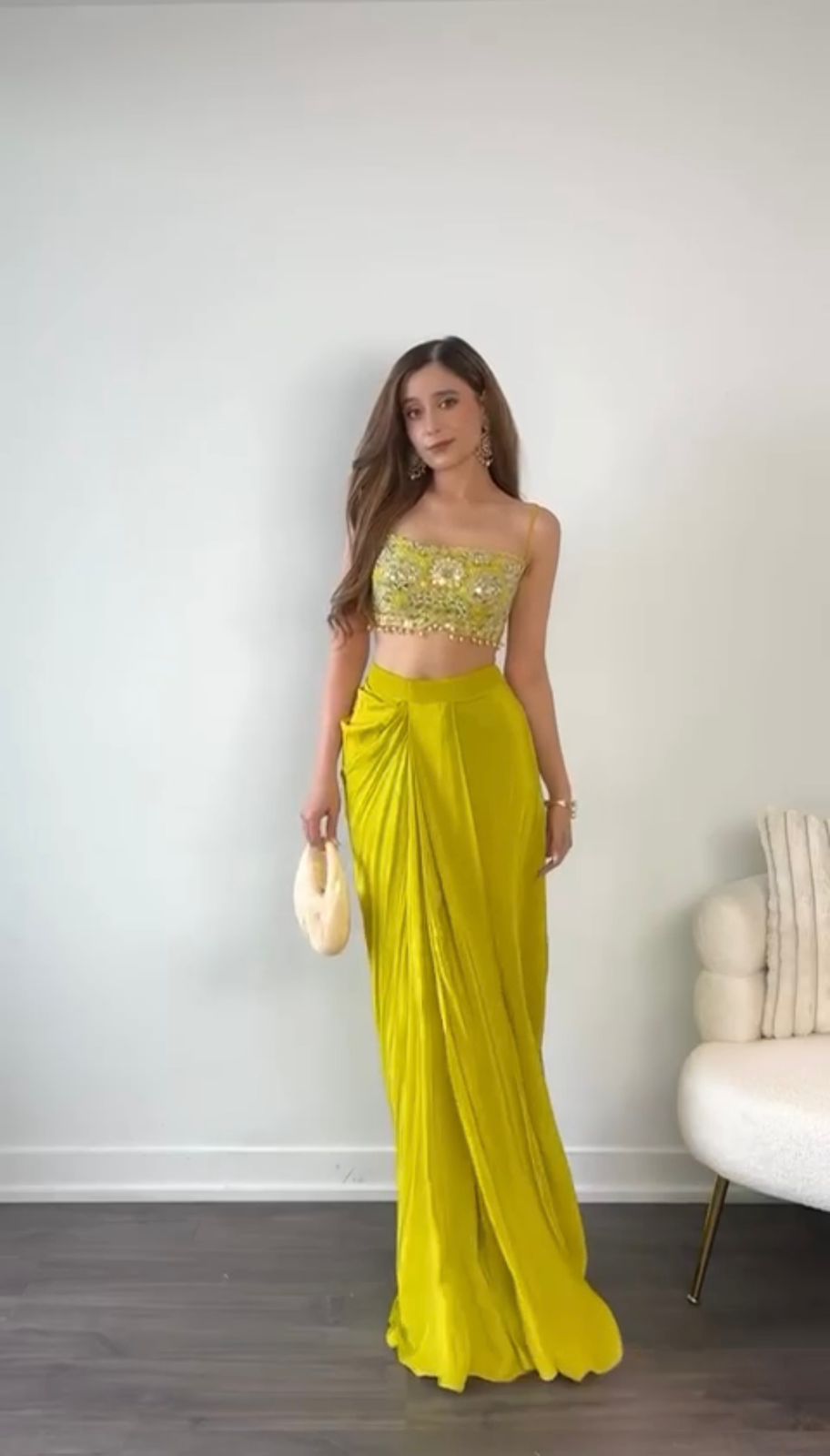 Indo Western dress Party wear Indian Yellow Dhoti Pant with Embroidered Crop Top and Floral SILK Shrug for Haldi and Wedding