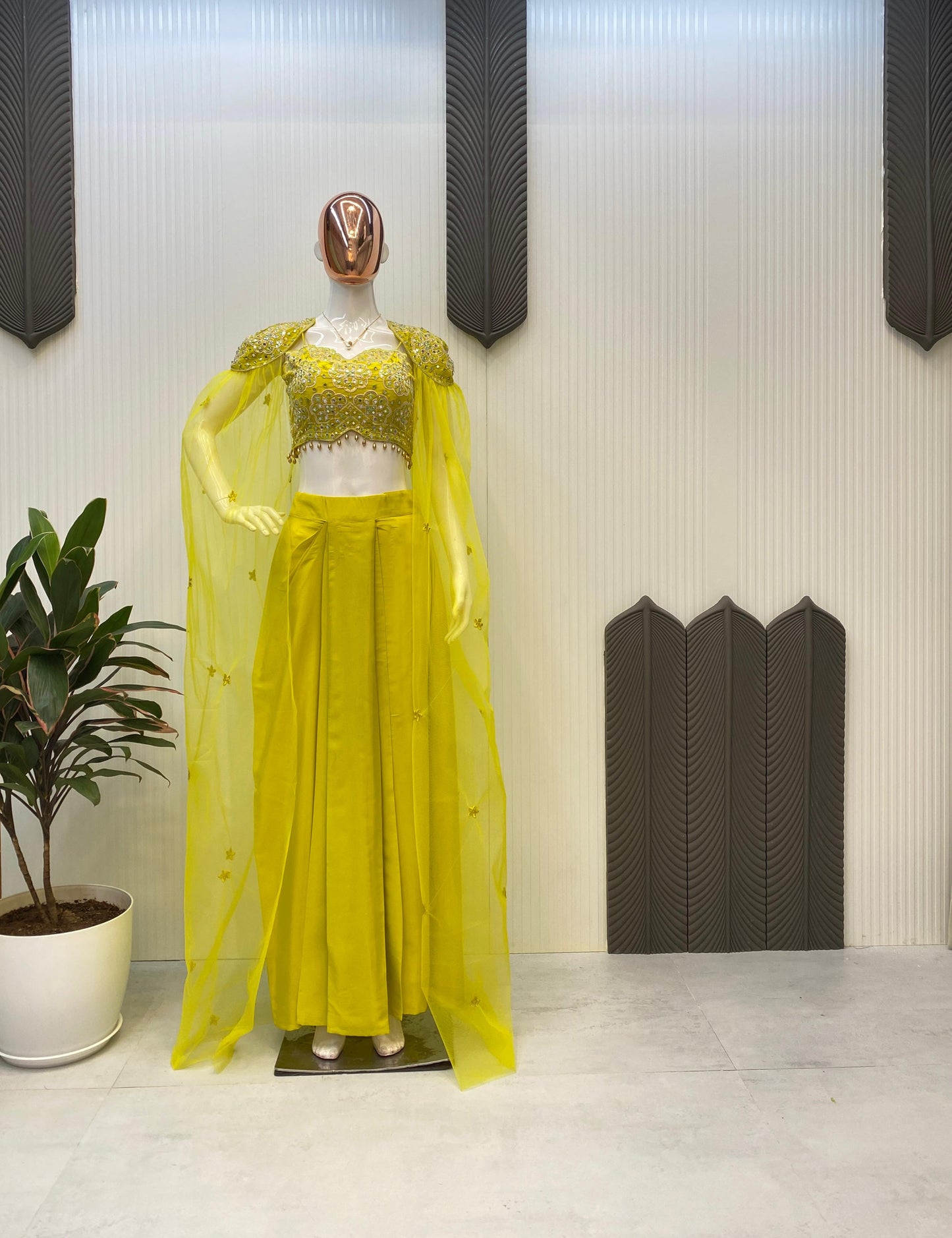 Indo Western dress Party wear Indian Yellow Dhoti Pant with Embroidered Crop Top and Floral SILK Shrug for Haldi and Wedding