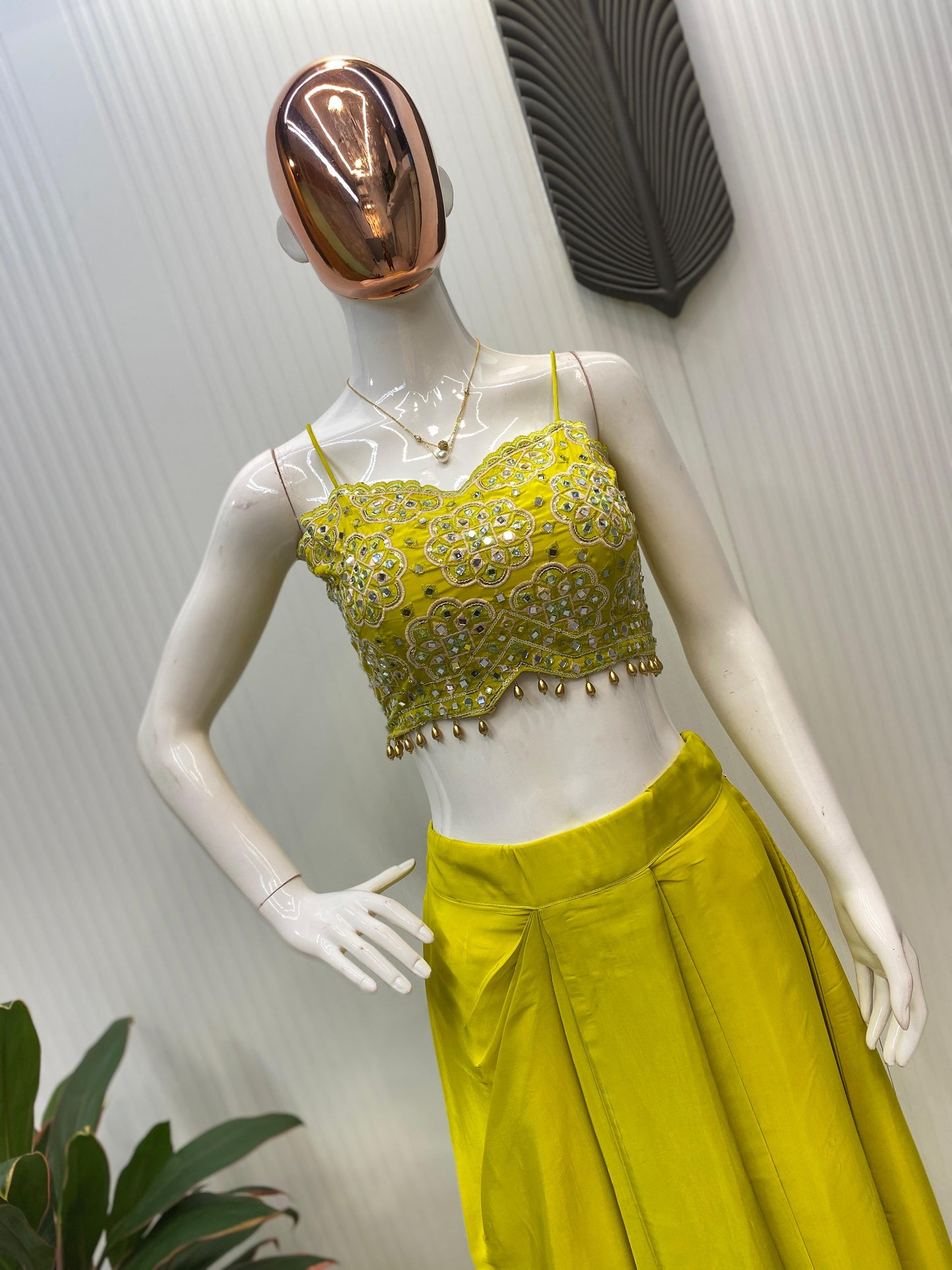 Indo Western dress Party wear Indian Yellow Dhoti Pant with Embroidered Crop Top and Floral SILK Shrug for Haldi and Wedding