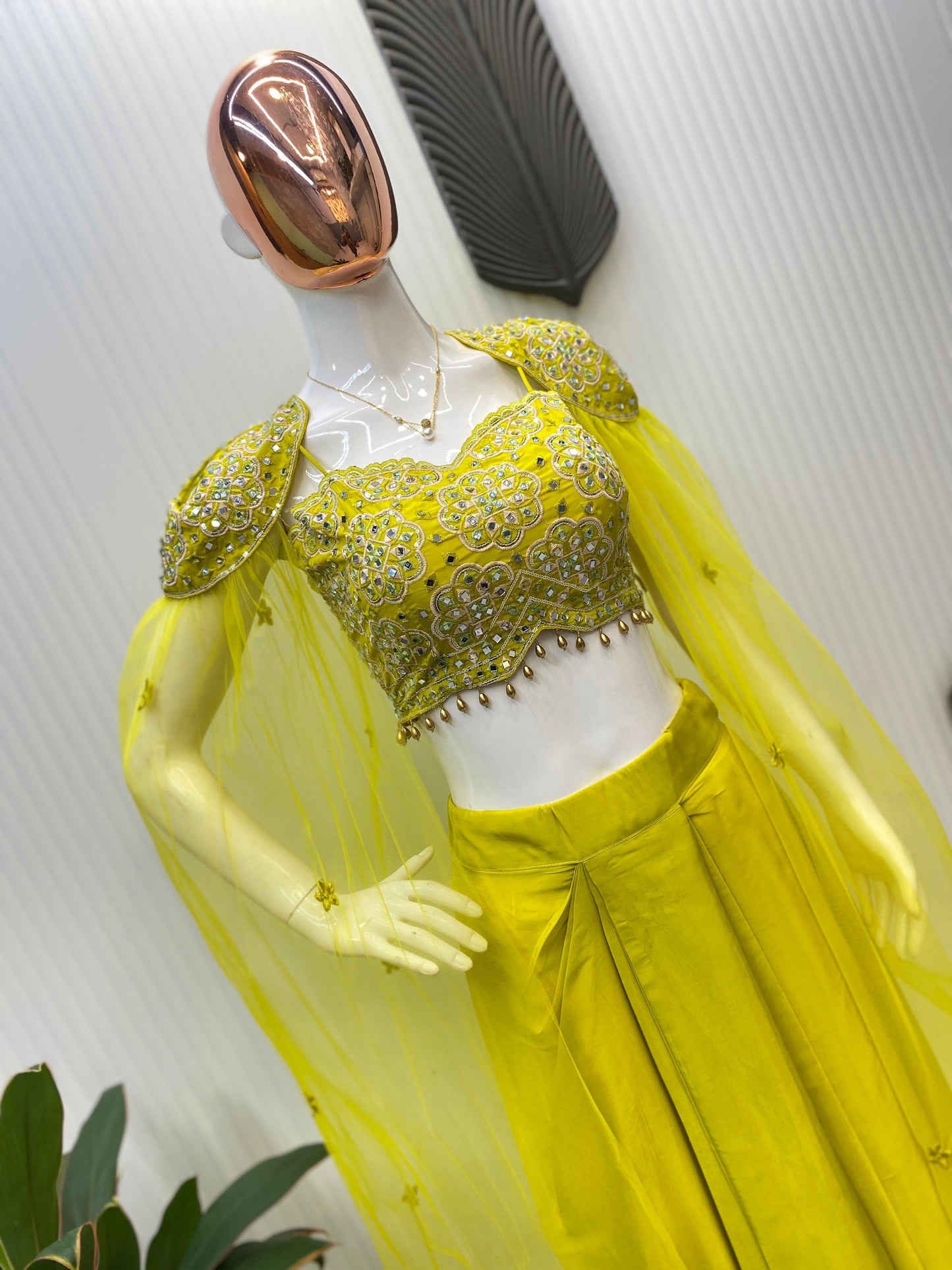 Indo Western dress Party wear Indian Yellow Dhoti Pant with Embroidered Crop Top and Floral SILK Shrug for Haldi and Wedding