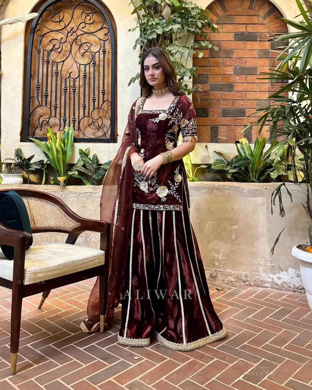 Velvet Designer Party Wear Look Top-Dupatta and Sharara Set