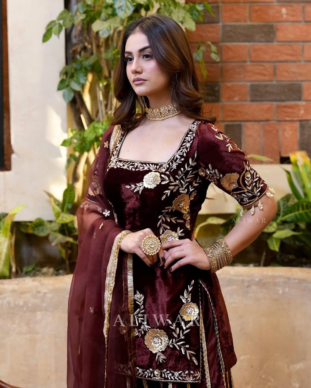 Velvet Designer Party Wear Look Top-Dupatta and Sharara Set