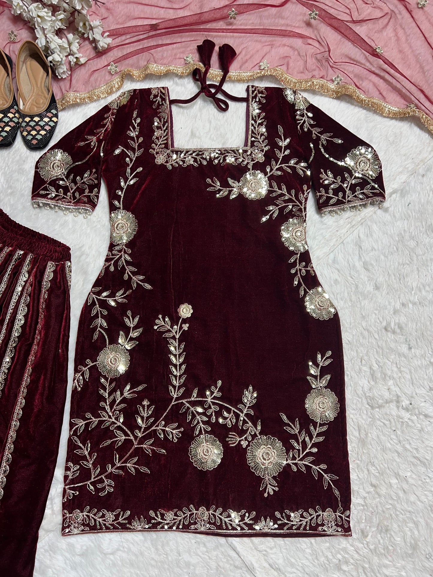 Velvet Designer Party Wear Look Top-Dupatta and Sharara Set