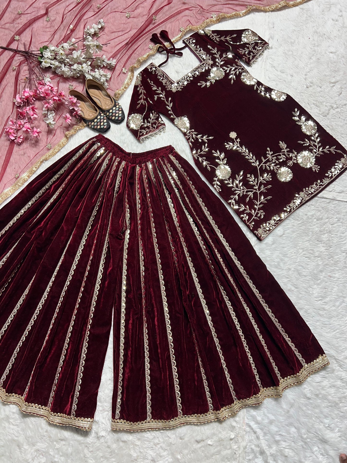 Velvet Designer Party Wear Look Top-Dupatta and Sharara Set