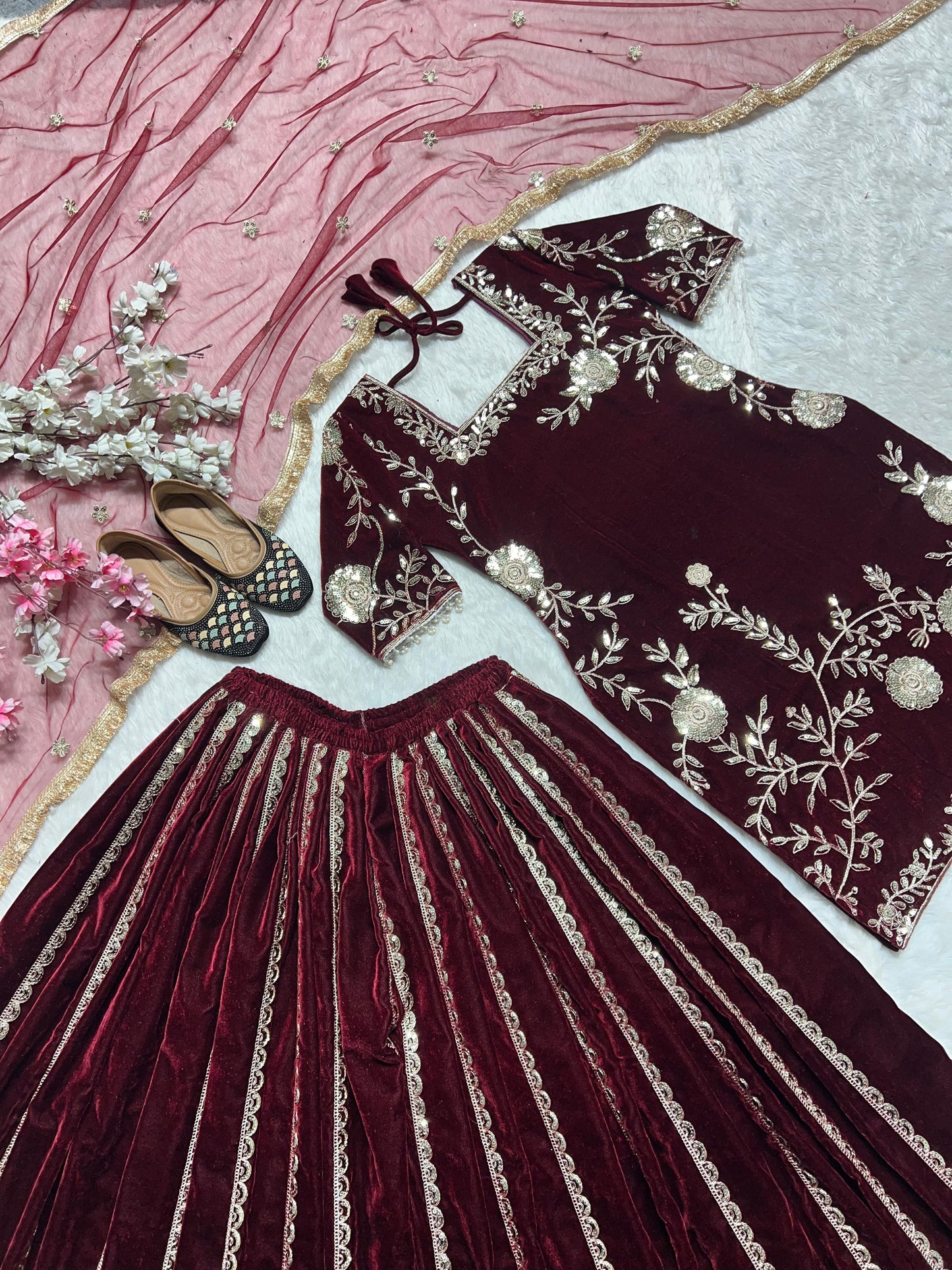 Velvet Designer Party Wear Look Top-Dupatta and Sharara Set