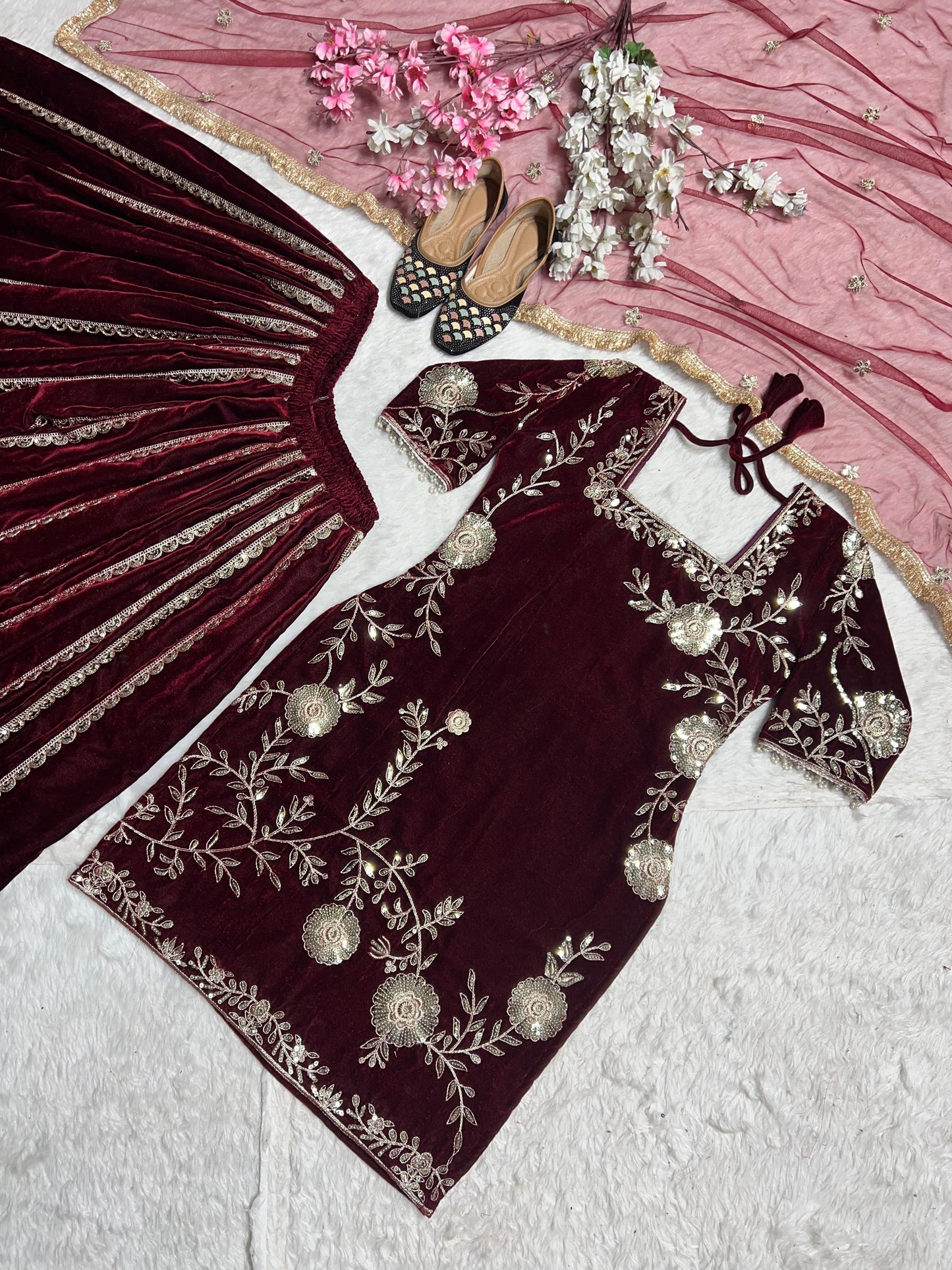 Velvet Designer Party Wear Look Top-Dupatta and Sharara Set