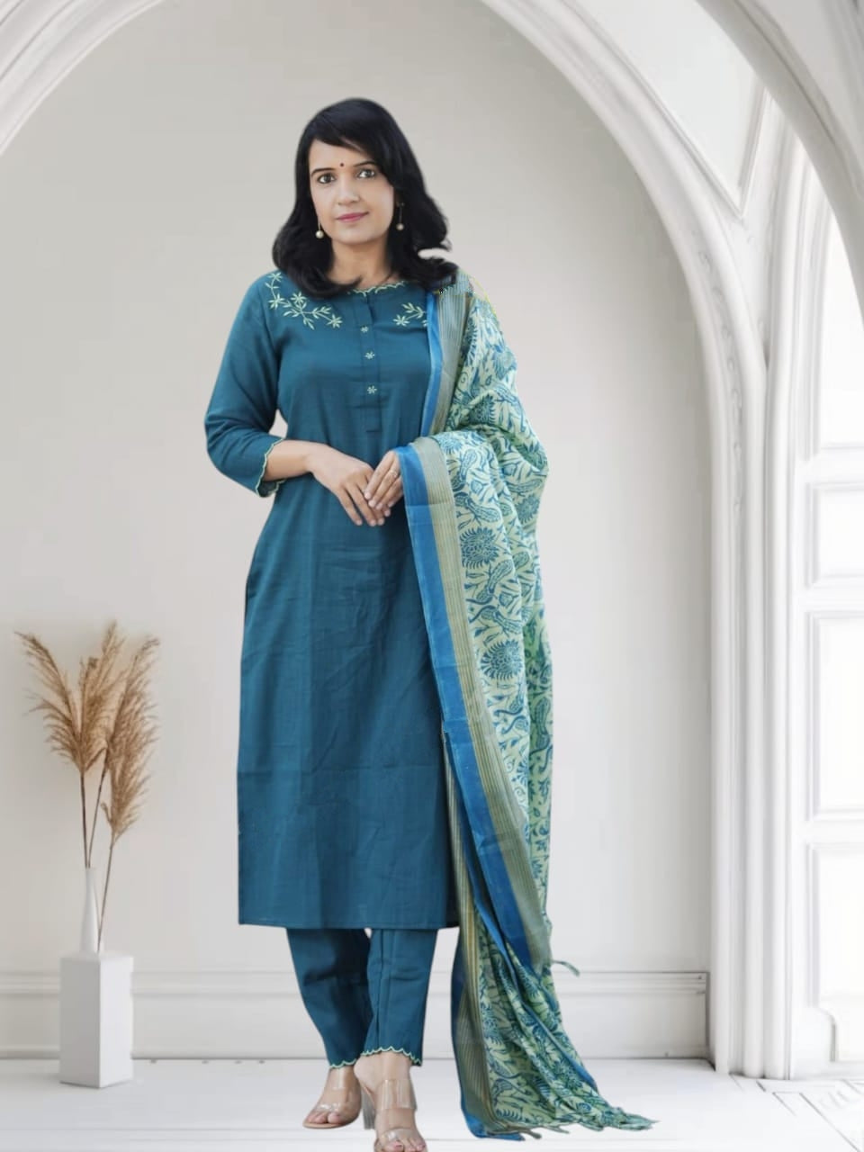 Premium South cotton straight long kurta with pant and handloom cotton dupatta set, readymade salwar kameez, cotton kurti set, women dress Summer Wear