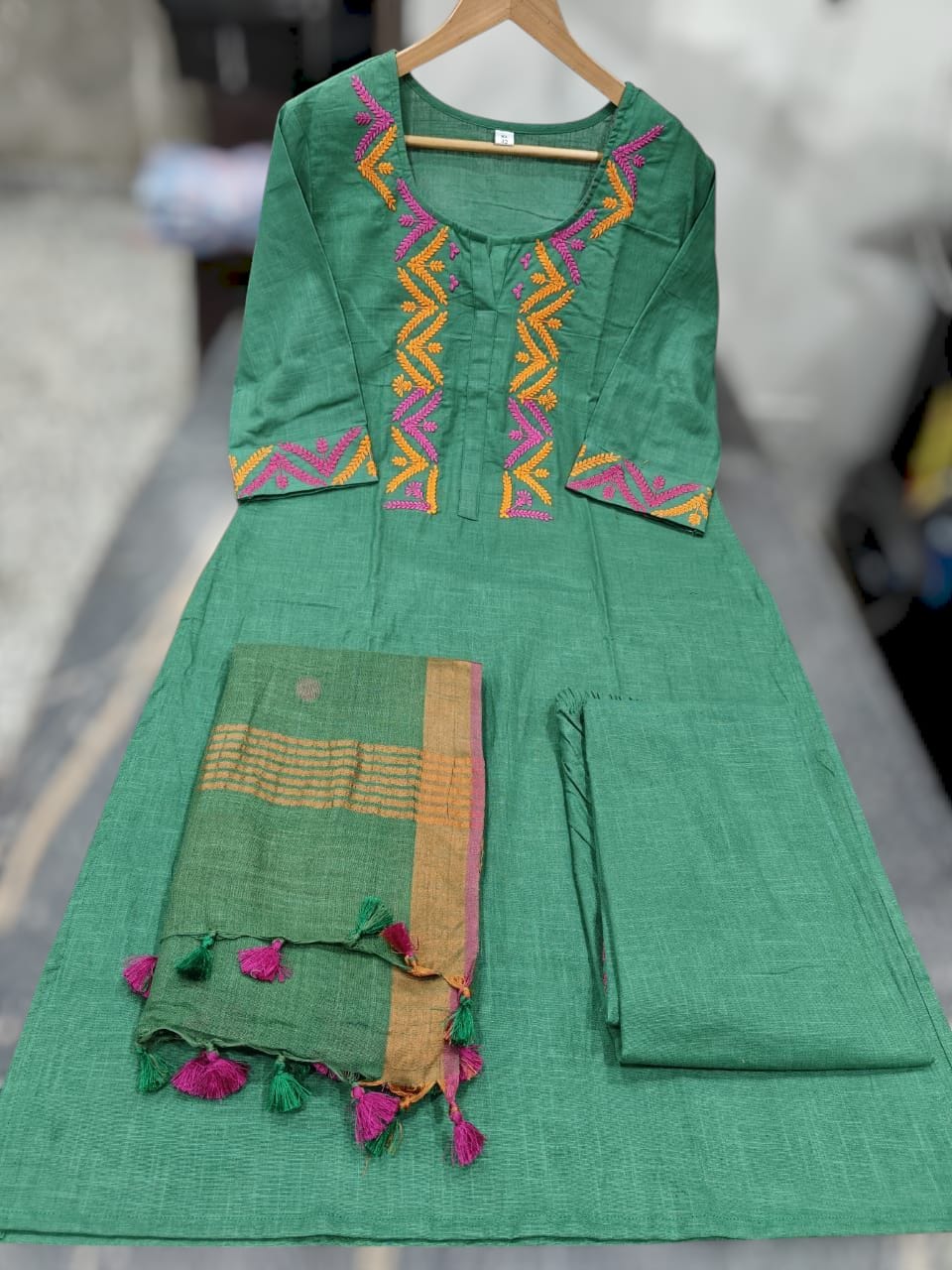 Premium South cotton handloom kurti with temple border on yoke and sleeves Paired with handloom cotton pants and dupatta Summer Wear