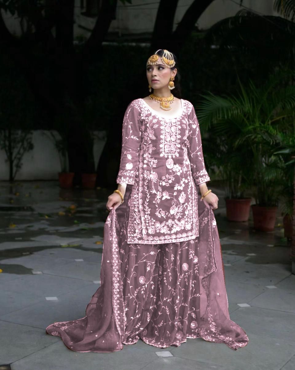 Exquisite Embroidered Kurta Sharara Set – Pakistani Wedding Wear with Dupatta & Sequin Detailing