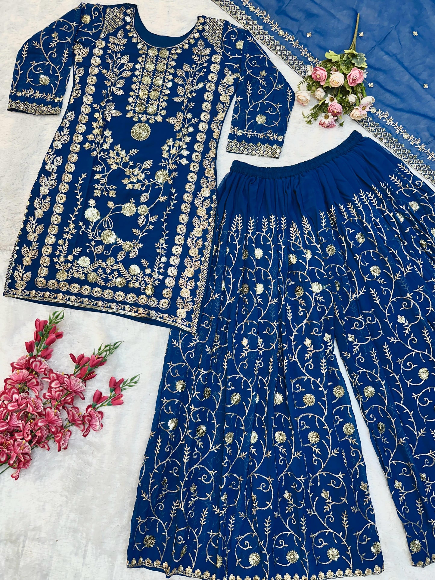 Exquisite Embroidered Kurta Sharara Set – Pakistani Wedding Wear with Dupatta & Sequin Detailing