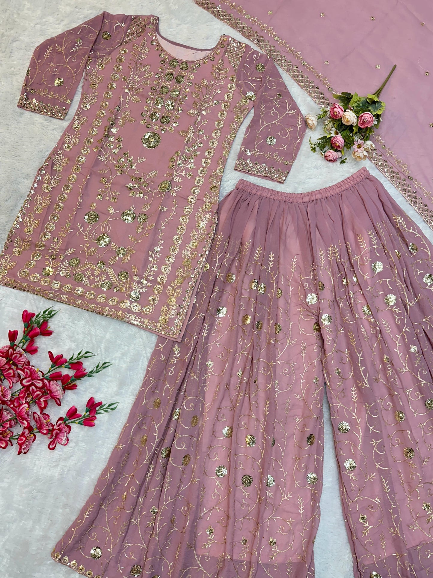 Exquisite Embroidered Kurta Sharara Set – Pakistani Wedding Wear with Dupatta & Sequin Detailing