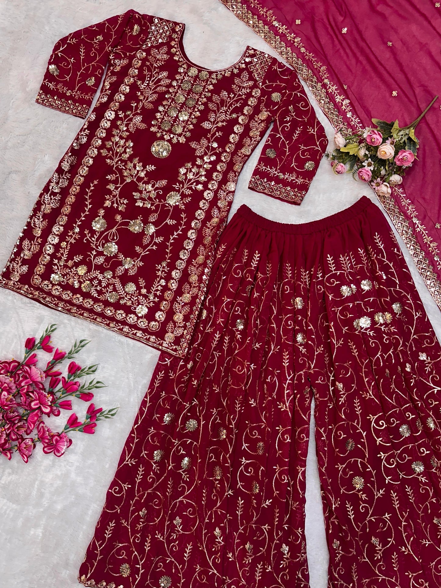 Exquisite Embroidered Kurta Sharara Set – Pakistani Wedding Wear with Dupatta & Sequin Detailing