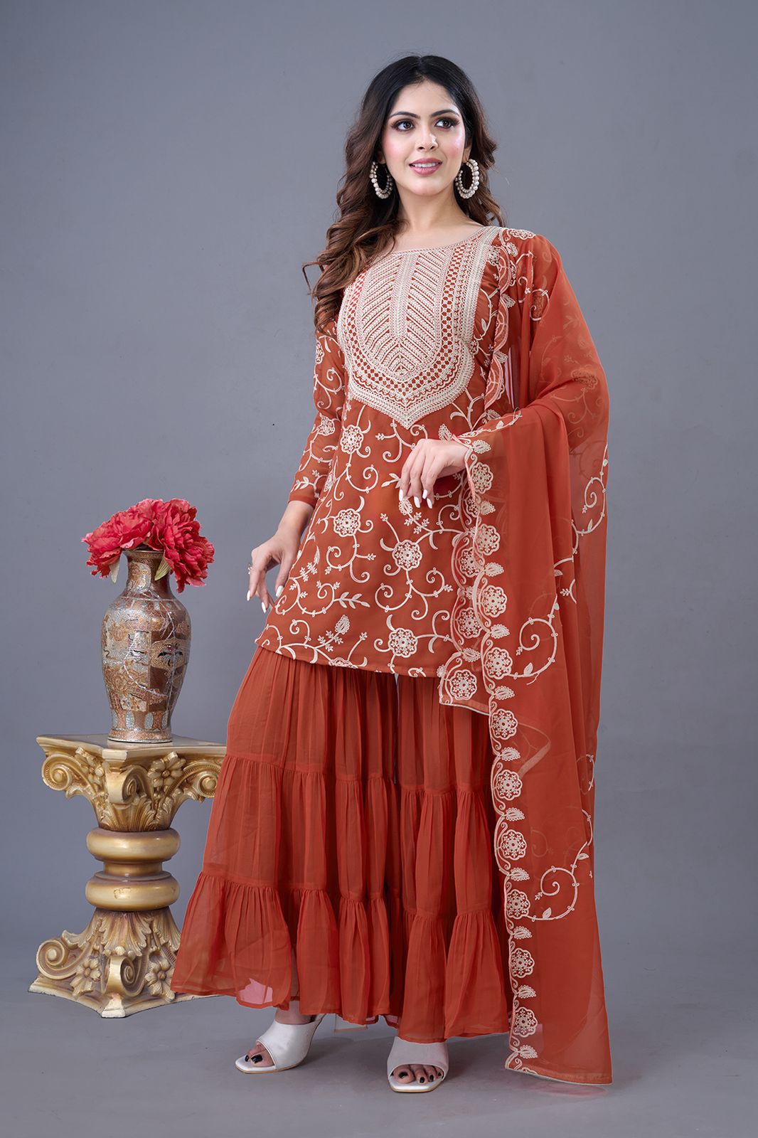 Elegant Pakistani Sequin Embroidered Kurta Sharara Set with Dupatta – Handmade Wedding Wear Suit