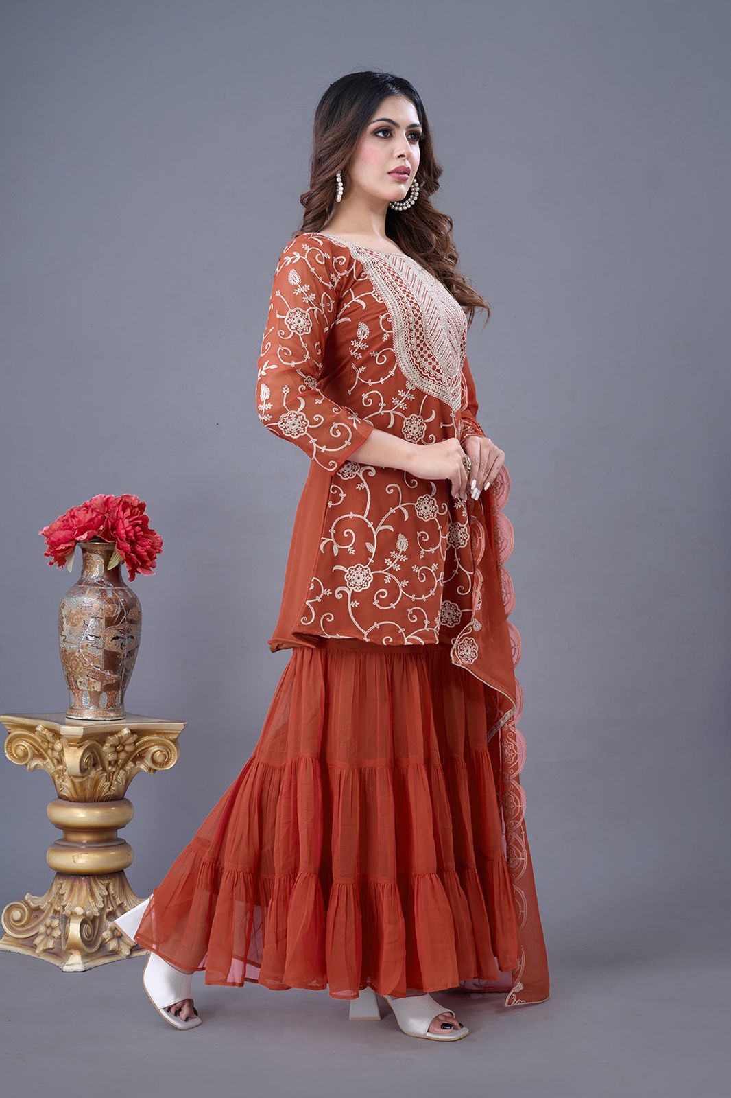 Elegant Pakistani Sequin Embroidered Kurta Sharara Set with Dupatta – Handmade Wedding Wear Suit