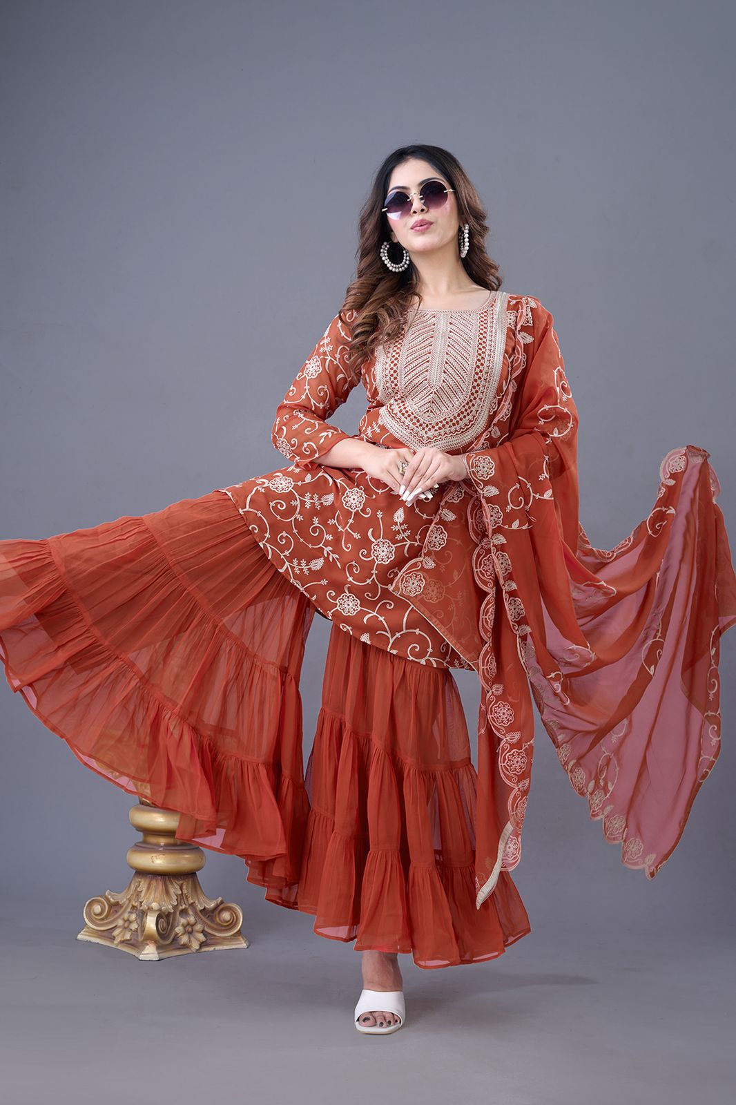 Elegant Pakistani Sequin Embroidered Kurta Sharara Set with Dupatta – Handmade Wedding Wear Suit