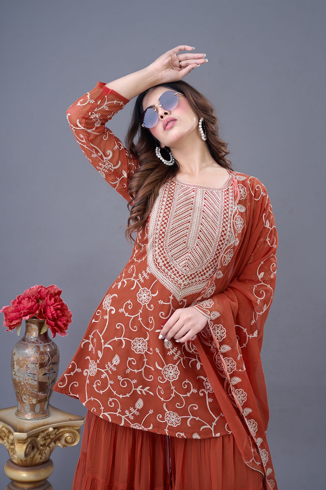 Elegant Pakistani Sequin Embroidered Kurta Sharara Set with Dupatta – Handmade Wedding Wear Suit