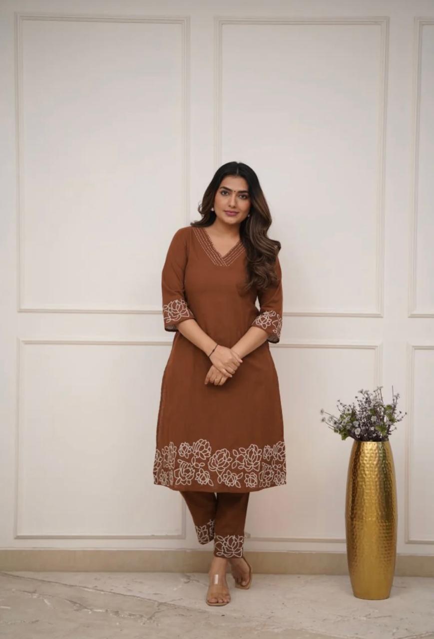 Brown Pure Cotton Women Kurta Pant Set – Embroidered Co-Ord Set for Office, College & Daily Wear