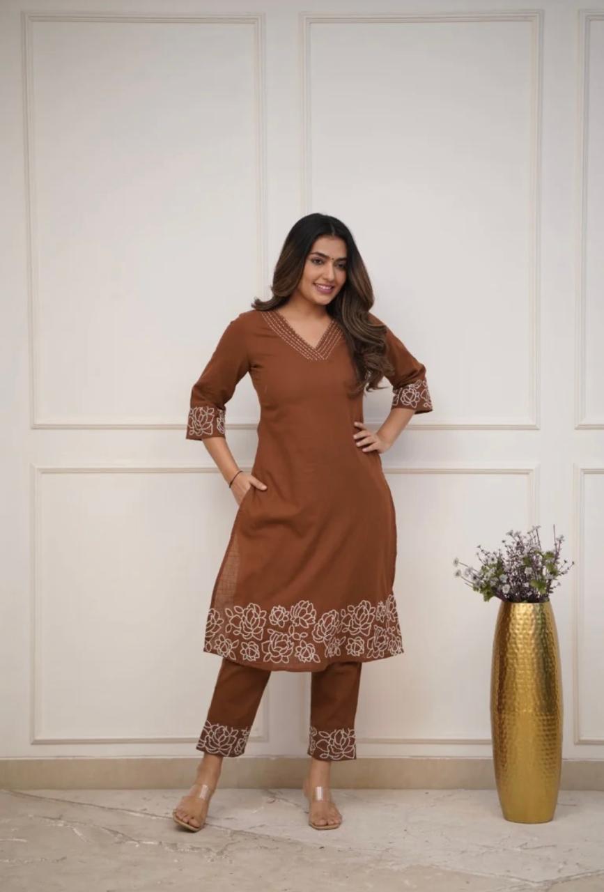 Brown Pure Cotton Women Kurta Pant Set – Embroidered Co-Ord Set for Office, College & Daily Wear