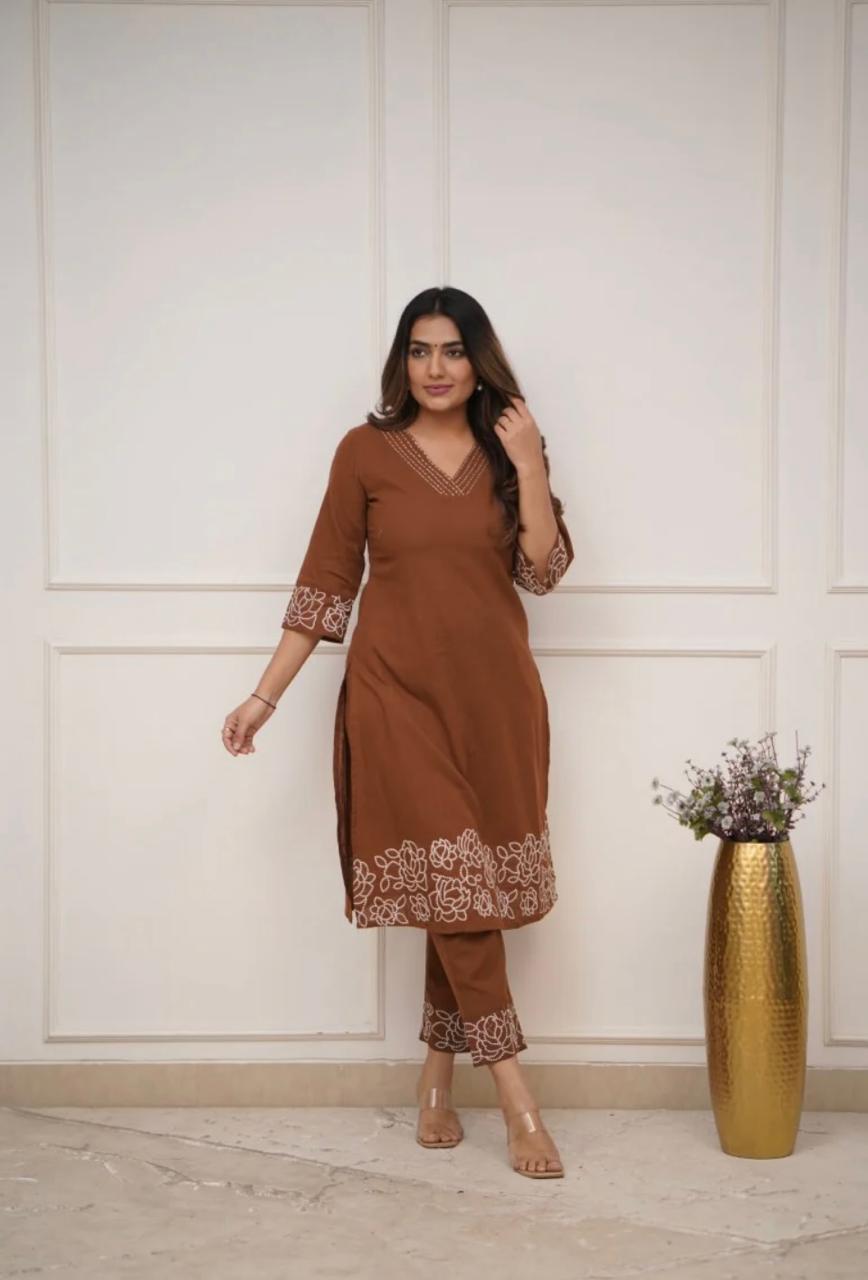Brown Pure Cotton Women Kurta Pant Set – Embroidered Co-Ord Set for Office, College & Daily Wear