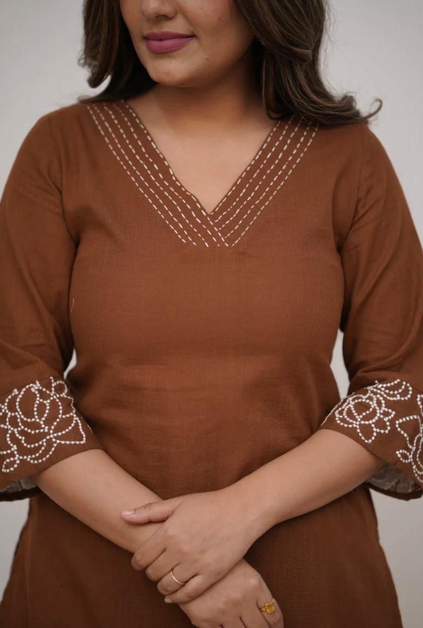 Brown Pure Cotton Women Kurta Pant Set – Embroidered Co-Ord Set for Office, College & Daily Wear