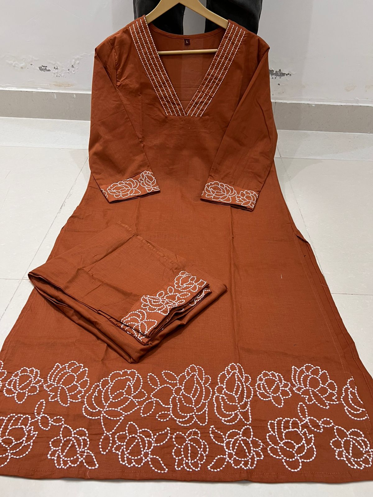 Brown Pure Cotton Women Kurta Pant Set – Embroidered Co-Ord Set for Office, College & Daily Wear