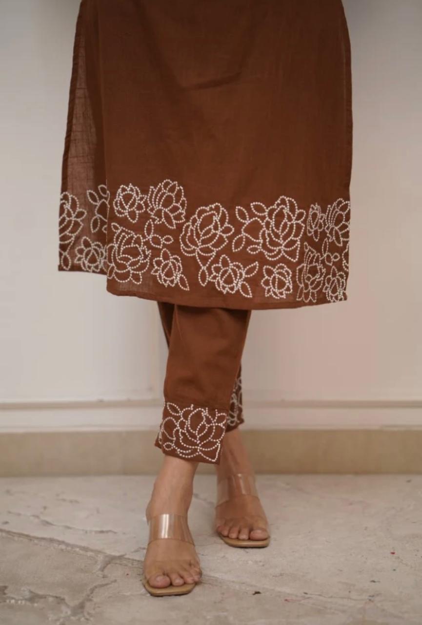 Brown Pure Cotton Women Kurta Pant Set – Embroidered Co-Ord Set for Office, College & Daily Wear