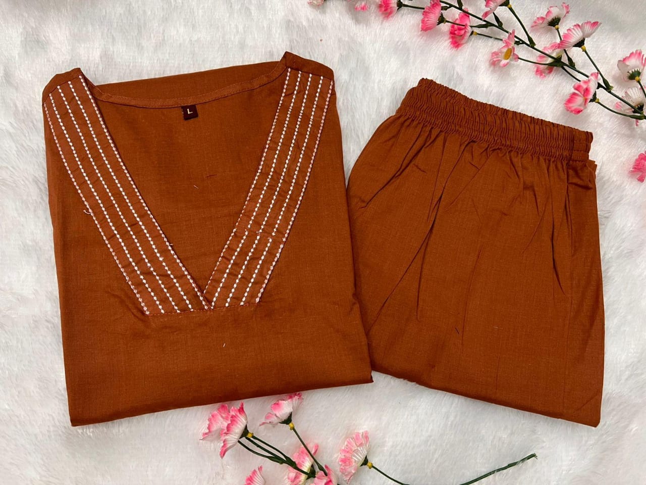 Brown Pure Cotton Women Kurta Pant Set – Embroidered Co-Ord Set for Office, College & Daily Wear