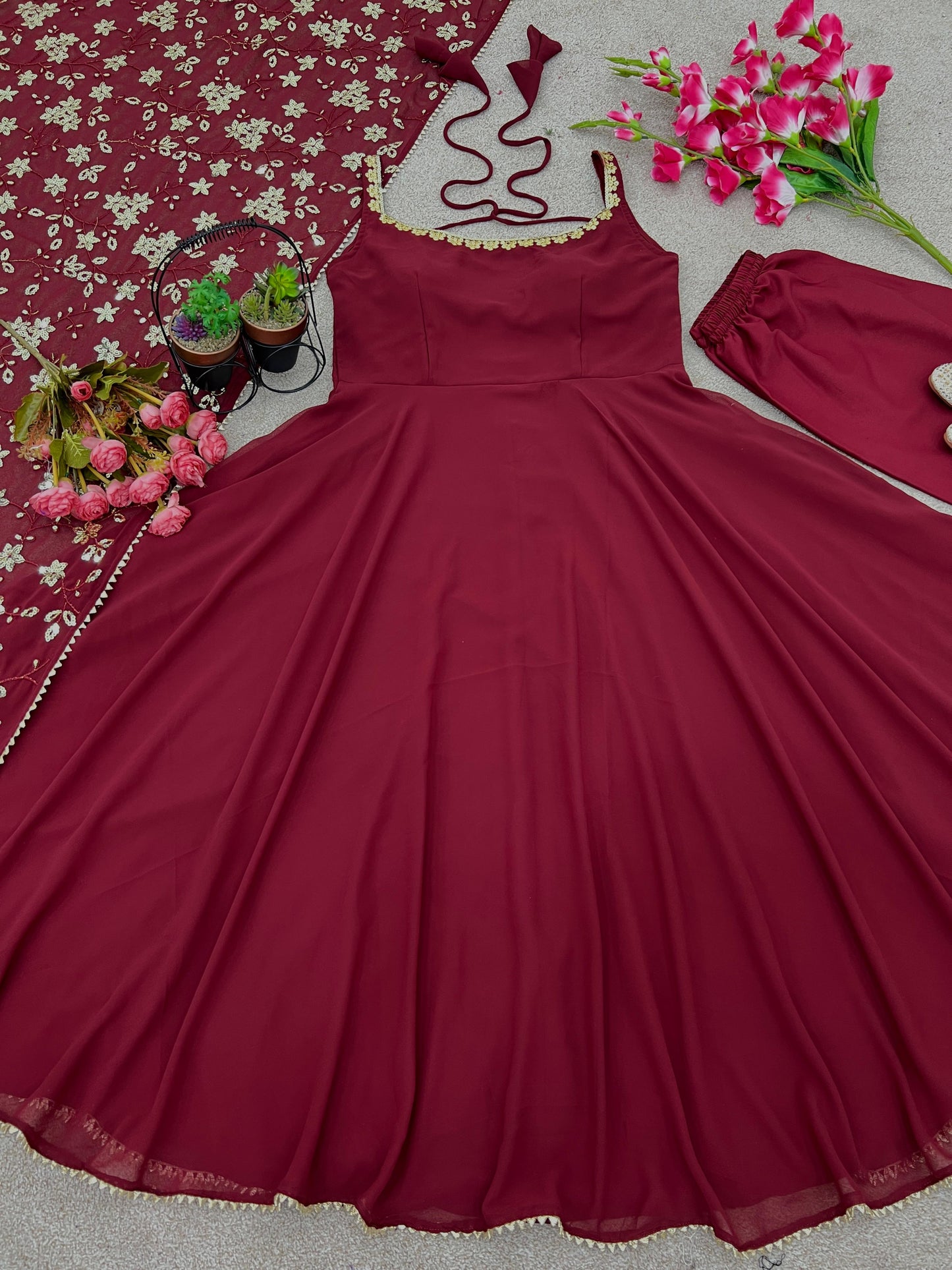 RED Georgette mbroidery Sequence Work With Fully Flair  Comfortable Anarkali with Dupatta for women in the UK/ USA