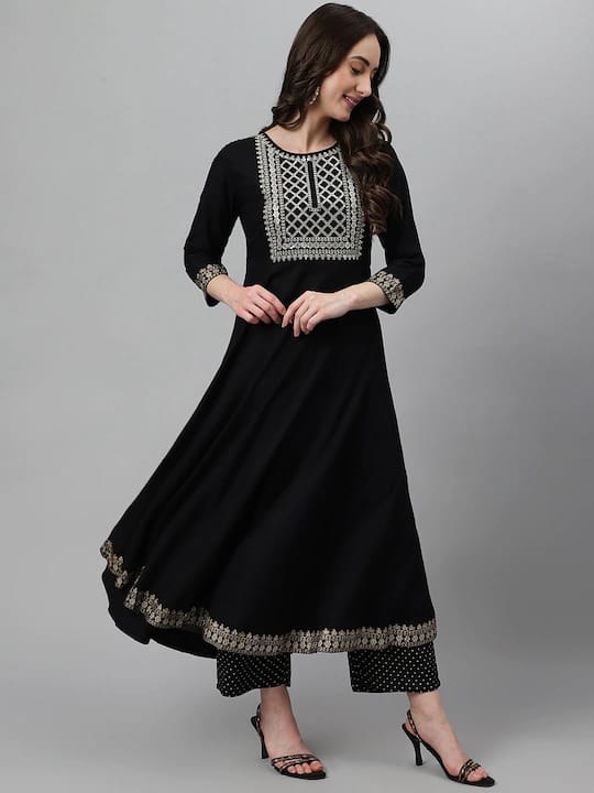 Ethnic motifs embroidered Anarkali shape regular sleeves Sequined detail Palazzos :Bandhani Print Dupatta:Bandhani printed Tasselled border