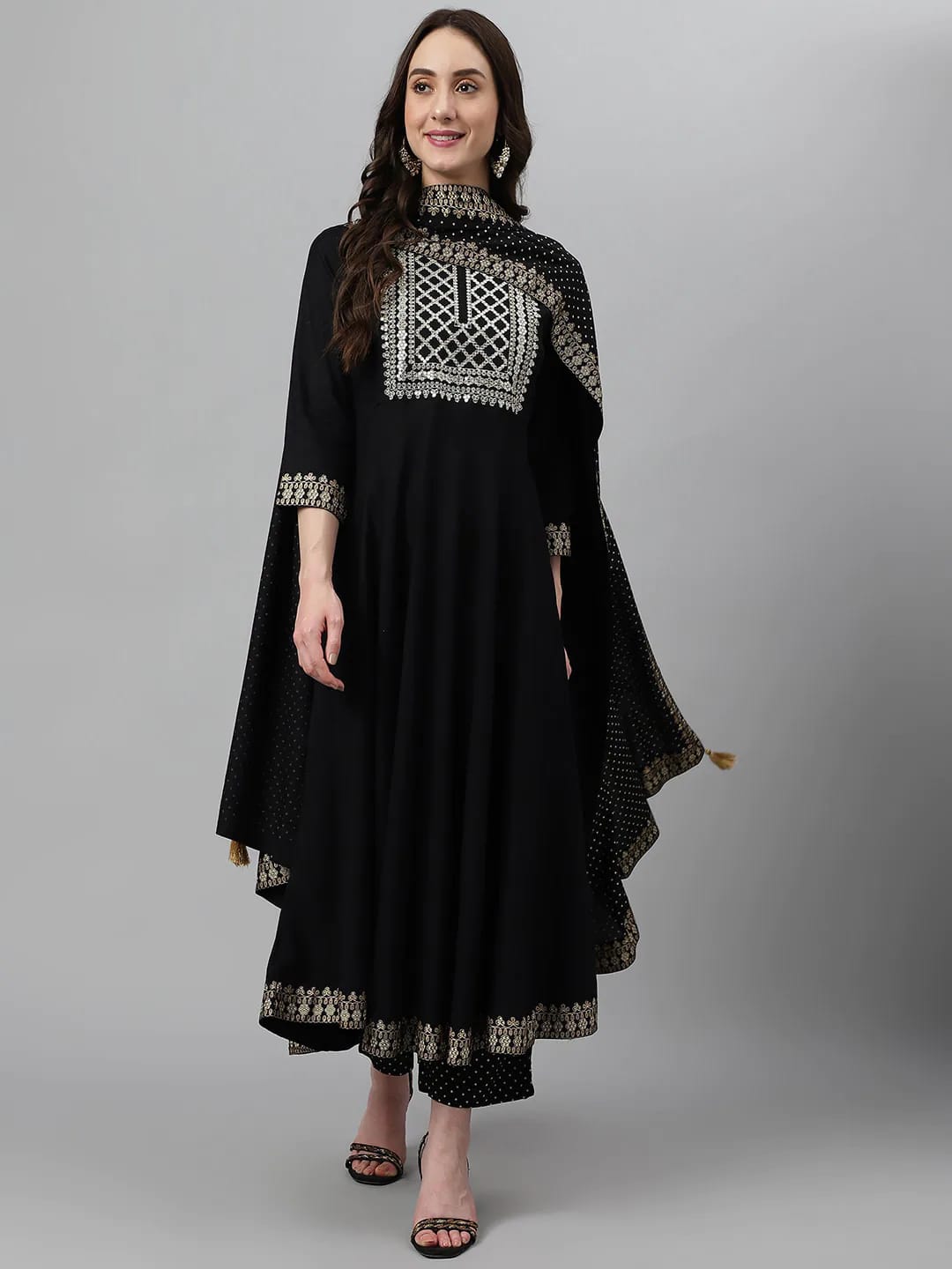 Ethnic motifs embroidered Anarkali shape regular sleeves Sequined detail Palazzos :Bandhani Print Dupatta:Bandhani printed Tasselled border