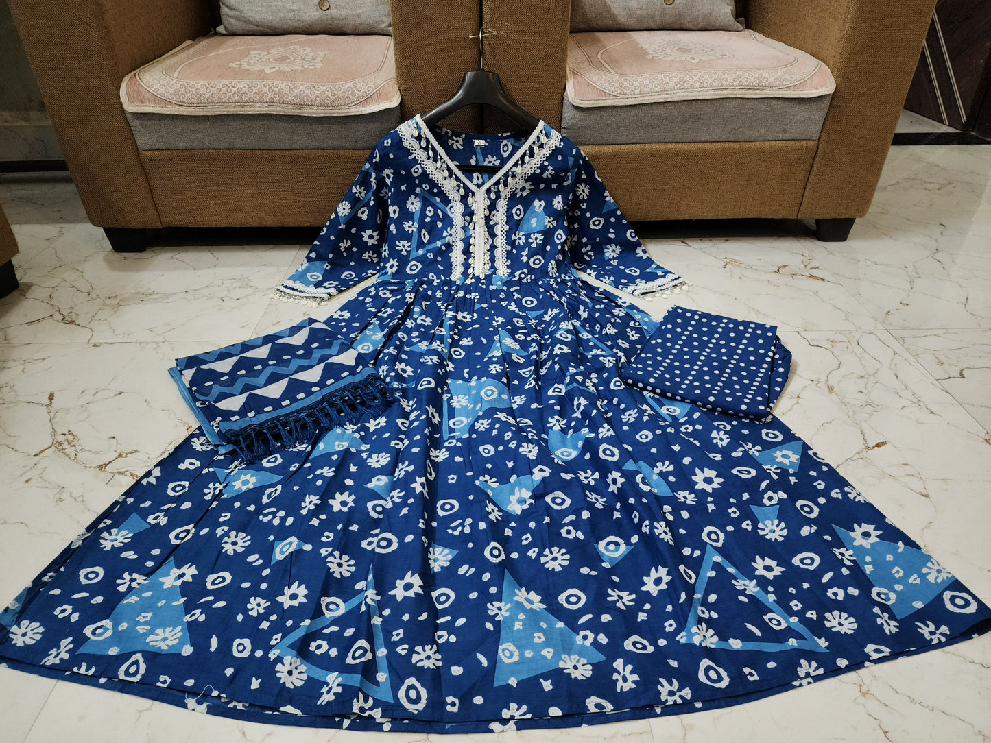 Premium Export Quality Cotton Fabric Printed Long gown Kurti With Pant And mal mal Dupatta