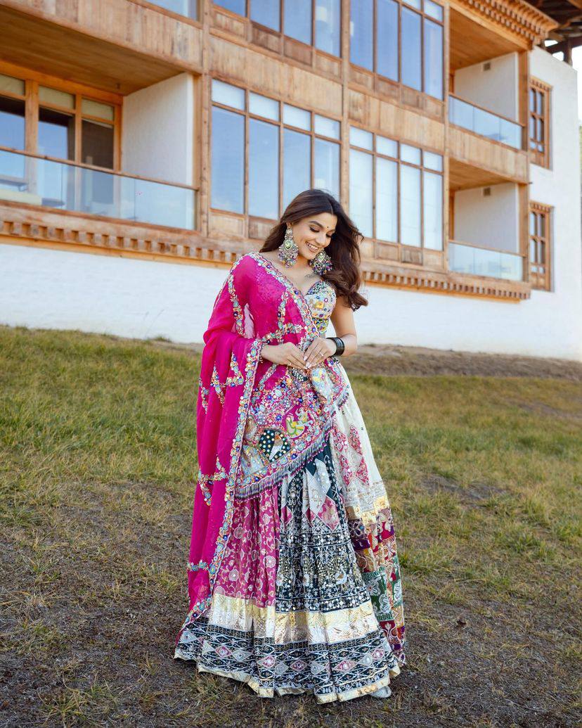 Buy This heavy muslin white lengha, adorned with vibrant and colorful traditional digital prints. Navratri Lengha ,Garba night Lengha Choli