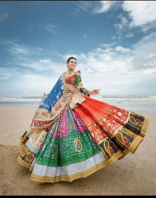 Heavy Butter Silk Traditional Navratri Lehenga Choli, Garba Choli,Gujrati Special Lehenga Choli, Multi Color Real Mirror Work Chaniya Choli,