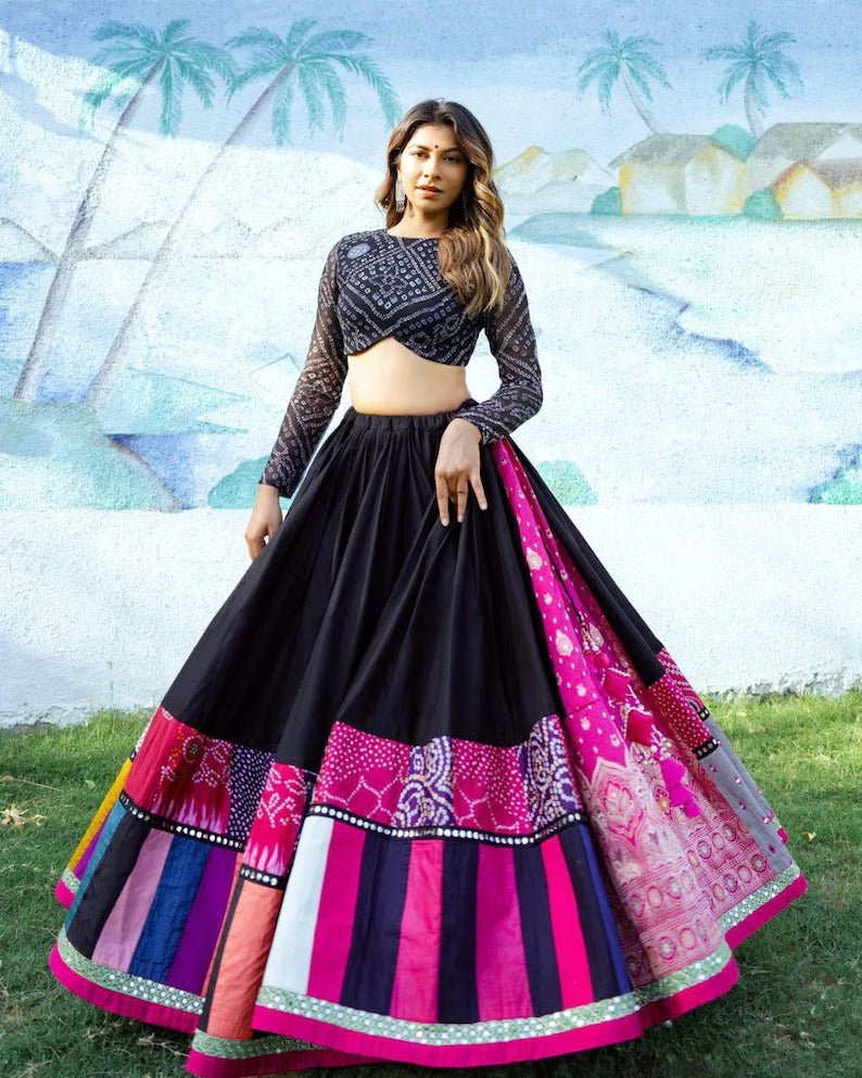 Special Butter Silk Lehenga Choli Dupatta Printed lehenga choli Real Mirror Work chaniya choli For Women Garba special chaniya choli