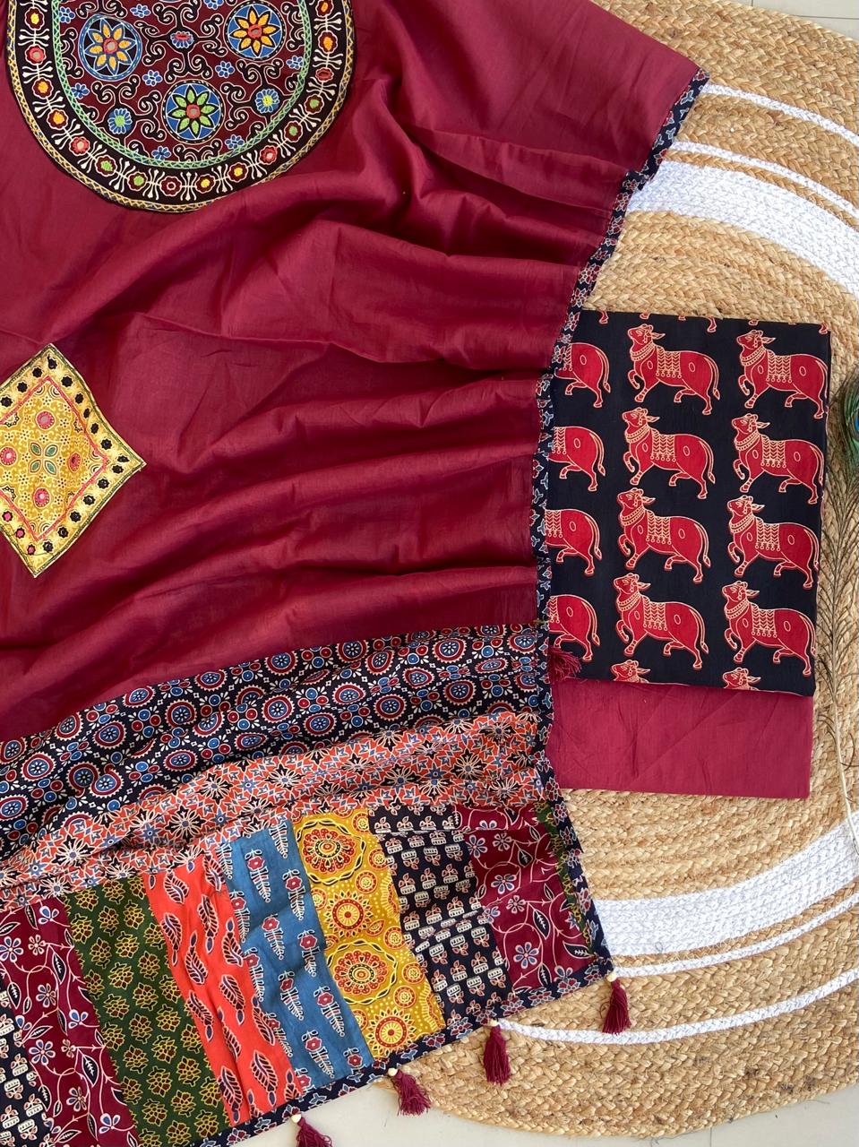 Ajarakh  print Suit pcs with hand work , patch work dupatta