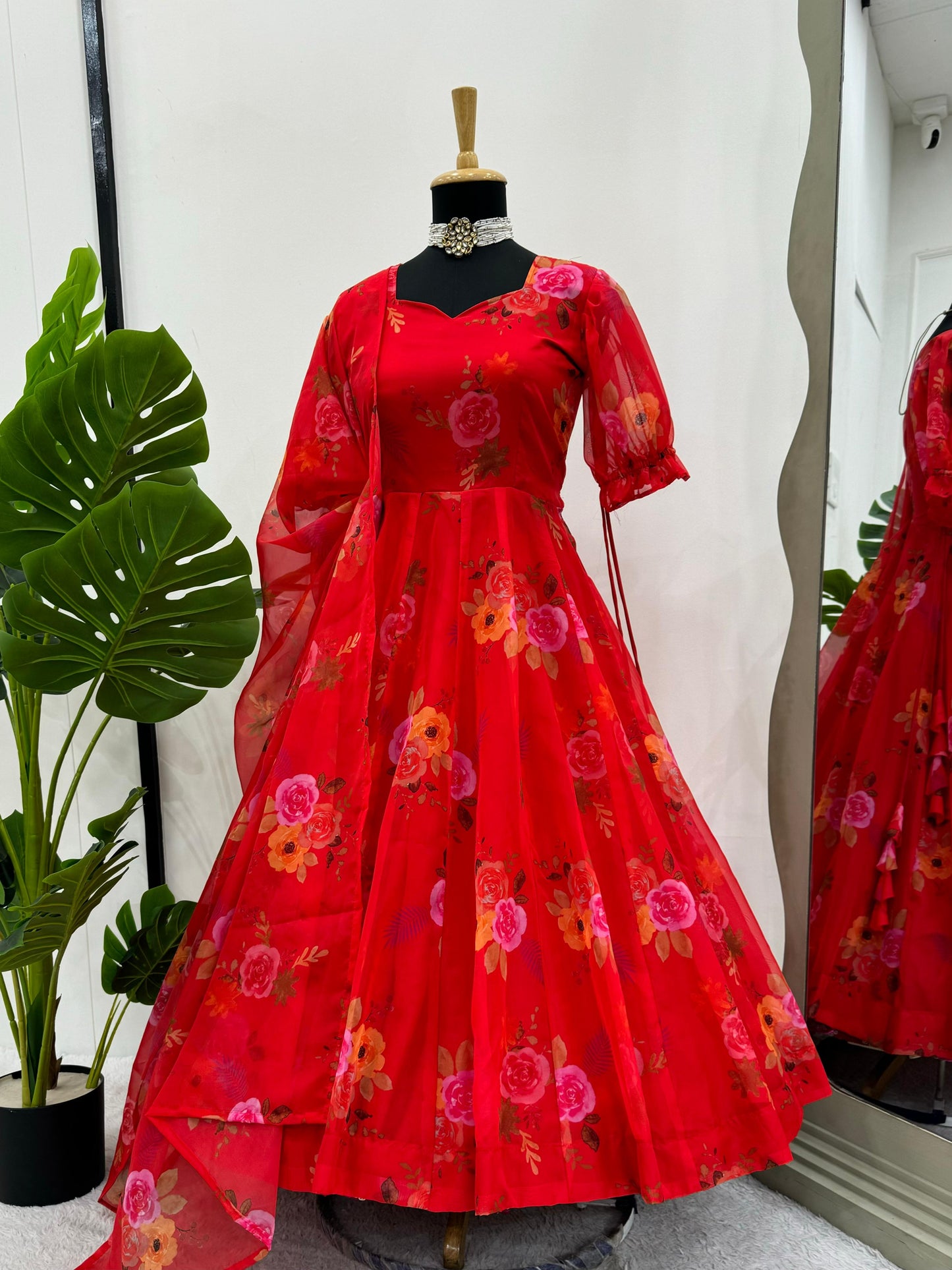 Flower Printed Women Flared Anarkali Gown with Organza Dupatta Set, Beautiful Printed Women Anarkali Dress