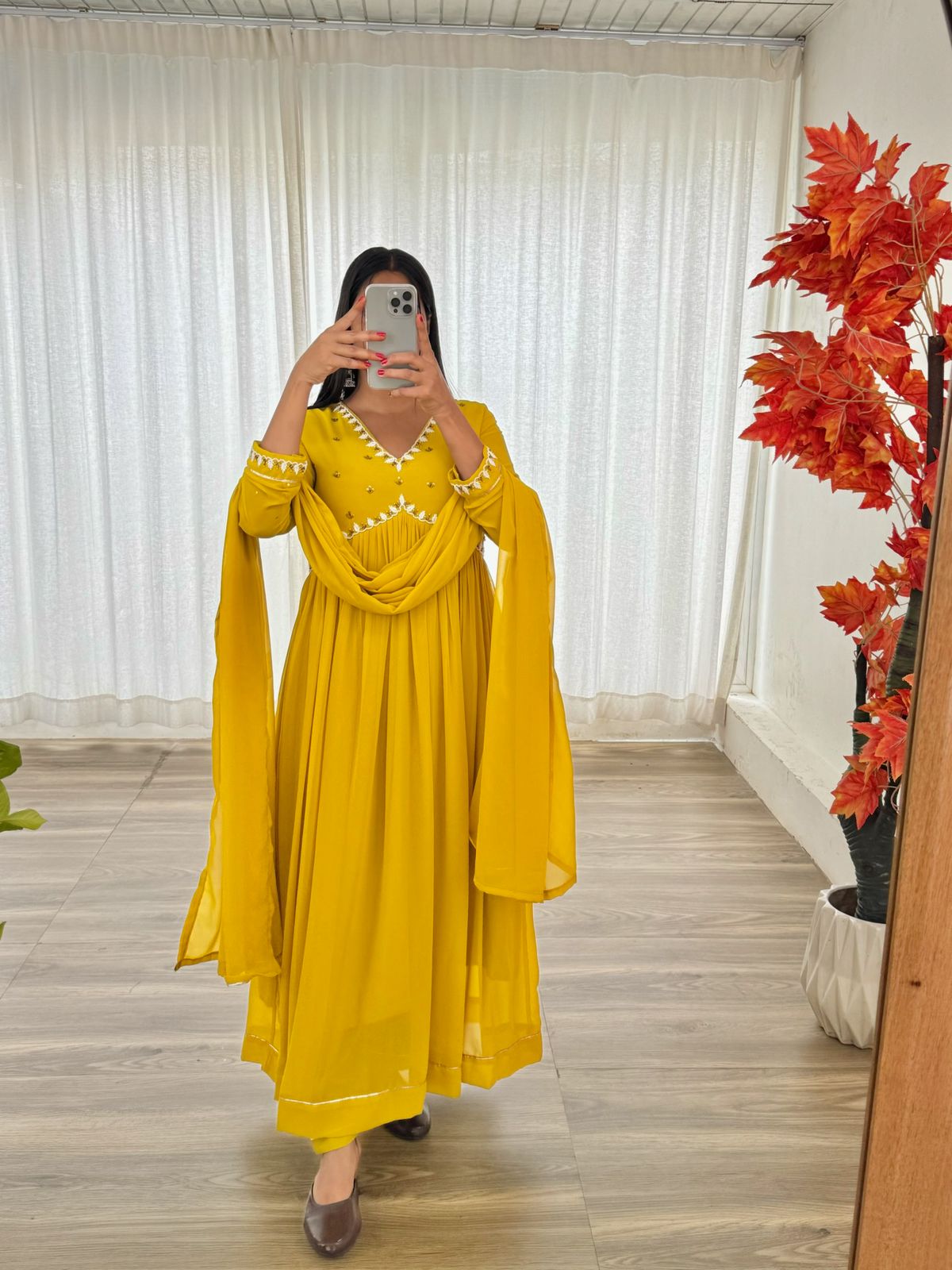 Haldi Wear Indian Ethnic Women's Kurta pant  Set With Dupatta Set, Salwar Kameez Dress Sangeet Ceremony Wear Silk For Gift