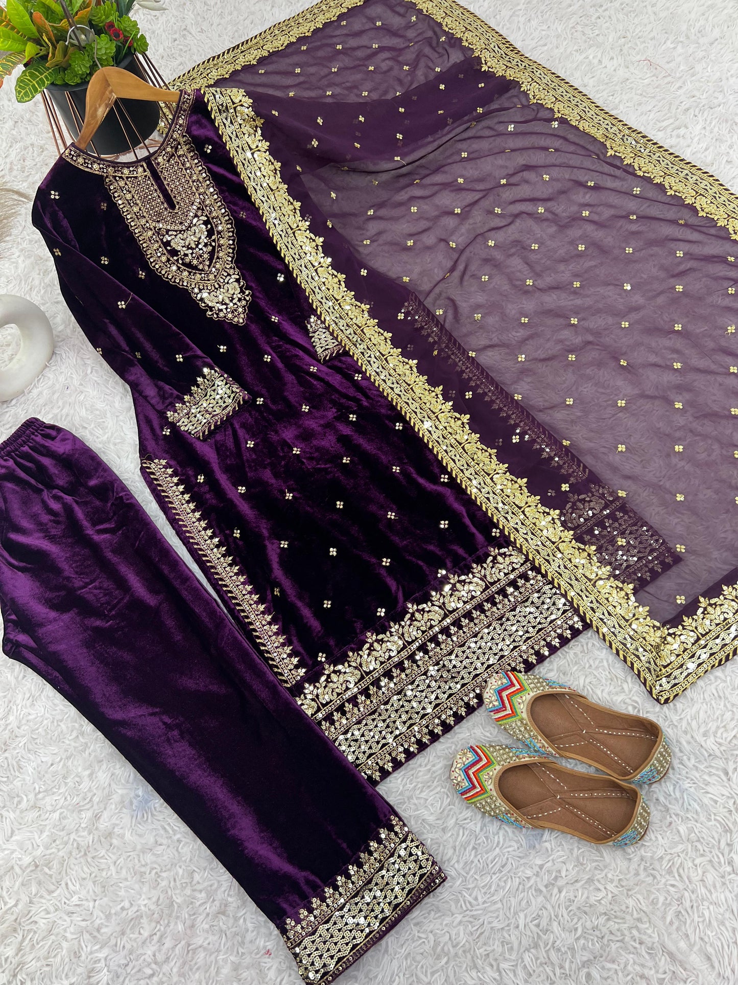 New Party Wear Viscose Velvet Designer  Look Top-Dupatta and Fully Stiched Bottom With Heavy Embroidery Siquance Work